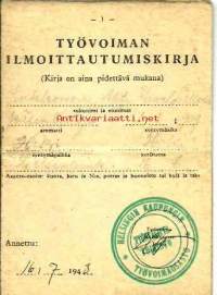 Työvoiman ilmoittautumiskirja  16.7.1943  Helsingin kaupunki