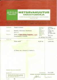 Aura Suomen Maalaisten Keskinäinen Vakuutusyhtiö  metsävakuutusvakuutuskirja 1960 - vakuutuskirja