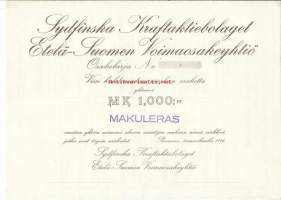 Etelä-Suomen Voima Oy 1000 mk , osakekirja, Porvoo 1.1946