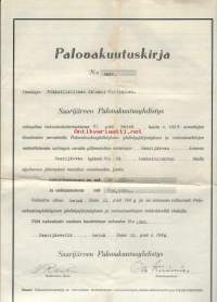 Palovakuutuskirja 1948 / Saarijärvi, Lukkarinlehto  - vakuutuskirja