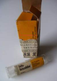 Delta-Butazolidin tyhjä tuotepakkaus  pahvia 8x2,5 cm ja tuubi muovia - tyhjä apteekki  tuotepakkaus