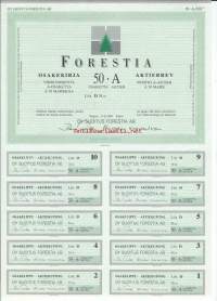 Forestia  Oy    Litt D 50x50 mk   , osakekirja, Espoo 9.8.1989