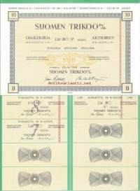 Suomen Trikoo  Oy Litt BCU  10x10 mk  osakekirja, Tampere  20.4.1988  -    Suomen Trikoo Oy oli suomalainen tekstiiliteollisuusyritys, joka toimi vuosina 1903–2005