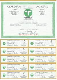 Tamro Oy  Oy, 1000x10 mk  osakekirja, Helsinki 1.2.1989 -Tampereen Rohdoskauppayhtiö,perustettu 15.5.1895, nyk Tamro Oyj