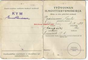 Työvoiman ilmoittautumiskirja  8.6.1943  Turun Työvoimalautakunta