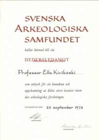 Kutsu jäseneksi Svenska Arkeologiska Samfundet 1973
