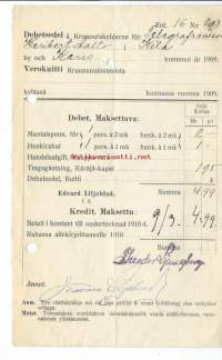 Verokuitti Kruununulosteoista Karjaa / Karis Kihla 1909 - firmalomake