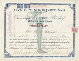 E.M.Nordqvist Oy Helsinki 1915  - osakekirja / Alussa yhtiön päätuote oli jalka- ja käsiproteeseja, tukisidoksia ja kirurgisia välineitä, myöh. tehtiin