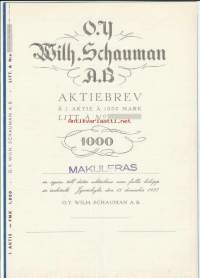 Wilh. Schauman Oy,  Jyväskylä 1937 pörssi blanco   osakekirja