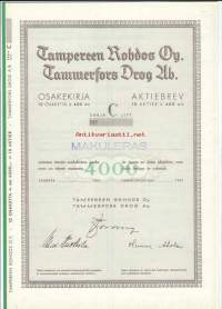 Tampereen Rohdos Oy,  Tampere 1951  pörssi blanco osakekirja /   Tampereen Rohdoskauppayhtiö,perustettu 15.5.1895, nyk Tamro Oyj