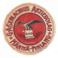G A Serlachius Ab, Mänttä - tuotemerkki,  tuote-etiketti, painettu Björkellin kivipainossa 1900-luvun vaihteessa