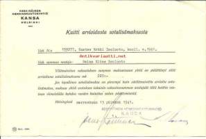 Keskinäinen Henkivakuutusyhtiö Kansa 1941 kuitti arvioidusta sotalisämaksusta   - firmalomake
