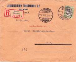 Firmakuori - Lihakauppiaiden tukkukauppa O.Y.  Helsinki.  R-kirje. 19.10. 1922.  Tuloleima Oulu 13.10.1922.