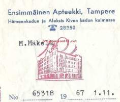 Ensimmäinen Apteekki Tampere  - resepti signatuuri  reseptipussi 1967
