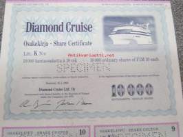Diamond Cruise Osakekirja Share Certificate Litt. K 10 000 kantaosaketta à 10 mk 10 000 Ordinary shares, Helsinki 18.5.1990 SPECIMEN -osakekirja