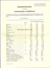 Sosiaaliministeriön luontoisetujen keskihinnat ja kalleusryhmät 1939