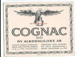 Cognac 3601 Extra   - viinaetiketti  / Taatusti oikeata rypälekonjakkia, joka täyttää Ranskan lain (v1919)  vaatimukset