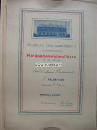Piikkiön Osuusmeijeri Maidonhoitokilpailu 1930-1931, emäntä Miina Kirkkoketo -kunniakirja / juliste