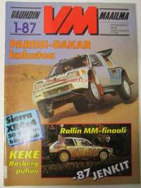 Vauhdin maailma 1987 nr 1, sis. mm. seur. artikkelit / kuvat / mainokset; mm. Ralli-MM Olympus, Pohjola ralli, Brands Hatchin rallicross, VM maistelee Ford Sierra