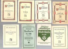 Altenburger Skatkarte nr 148 , Klub-Karte nr 9R ja 5 kpl Små Spelböcker- kirjoja yht 2 pakkaa pelikortteja ja 5 pienoiskirjaa