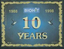 Biohit / 10 Years- olutetiketti mainos