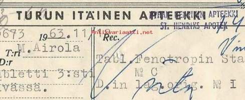 Turun Itäinen Apteekki Turku   - resepti signatuuri  1963