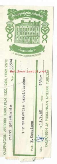 Kauppatorin  Apteekki   Turku   A Carenin oikeudenomistajat -    reseptipussi resepti signatuuri  1960