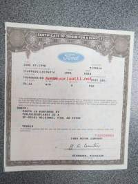 Certificate of origin of a vehicle - Ford Thunderbird 2-door, IFAPP6041LH194016 1990, owner; Rauta ja Konetarve Oy -auton alkuperätodistus Fording tehtaalta used