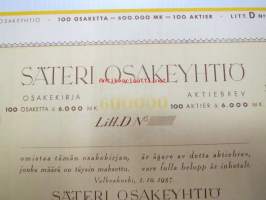 Säteri Osakeyhtiö, Valkeakoski 1957, Litt. D, 100 osaketta á 6 000 mk = 600 000 mk -osakekirja, blanco