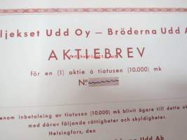 Veljeksett Udd Oy - Bröderna Udd Ab, Helsinki 19??, 1 aktie á tiotusen 10 000 mk -osakekirja, blanco