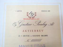 Oy Gustav Paulig Ab, Helsinki 1954, 1 aktie = 10 000 mk aktiebrev / osakekirja, käyttämätön, makuleras-leimattu
