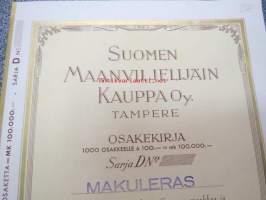 Suomen Maanviljelijäin Kauppa Oy, Tampere 1948, Sarja DN, 1 000 osaketta á 100 mk = 100 000 mk -osakekirja, blanco, käyttämätön, makuleras-leimattu