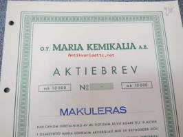 Oy Maria Kemikalia Ab, Helsinki 1942, aktiebrev 10 000 mark -osakekirja, blanco, makuleras-leimattu