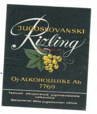 Rizling  nr 7769 / Taatusti alkuperäistä jugoslavialaista valkoviiniä vanha  viinietiketti  - viinaetiketti