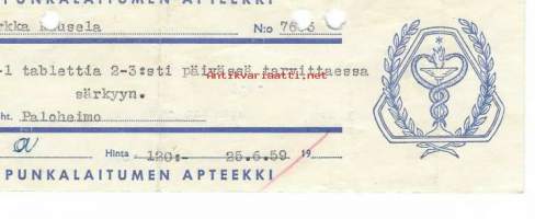 Punkalaitumen Apteekki Punkalaidun -  resepti signatuuri  1959