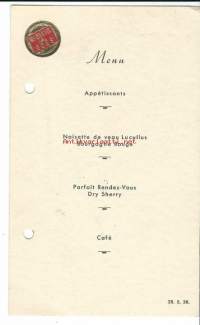 Menu - Weilin&amp;Göös 1938 - ruokalista