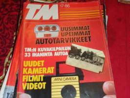 Tekniikan maailma 17/1986 uusimmat upeimmat autotarvikkeet, 33 ihaninta autoa kuvakilpailu, uudet kamerat filmit videot