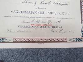 Väärinmajan Osuusmeijerin r.l. osuuskirja - 1 osuus 150:-, Ruovesi, 29.4.1945, maanviljelijä Kaarlo Mäenpää, allekirjoitukset Väinö Honkonen - Eero Majaniemi