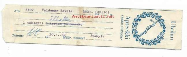 Ulvilan  Apteekki Ulvila Veikko Heinonen  - resepti signatuuri  1962