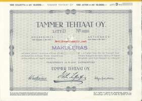 Tammer Tehtaat Oy, 100x100 mk  osakekirja makuleras, Tampere 18.11. 1941/  Voimansiirtohihnoja valmistava Suomen Hihnatehdas Oy perustettiin vuonna 1916. Yhtiön