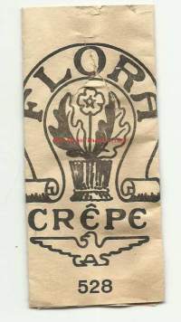 Flora Crepe GAS 528 - Kreppipaprin tuote-etiketti / (Serlachius perusti vuonna 1868 G. A. Serlachius Osakeyhtiön, jonka ensimmäinen yksikkö oli Mänttään