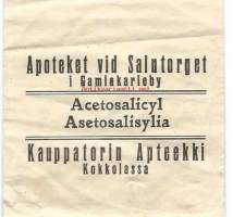 Asetosalisylia  Kauppatorin Apteekki, Kokkola  lääkepussi käytetty  9x7  cm tuotepakkaus