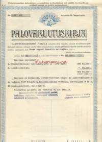 Vakuutusosakeyhtiö Pohjola, Palovakuutuskirja / ravintolan kalusto ja alkoholivarasto  1933- vakuutuskirja