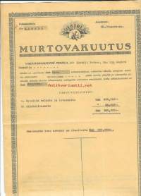 Vakuutusosakeyhtiö Pohjola, Murtovakuutus, hotellin kalusto ja alkoholivarasto 1933 - vakuutuskirja