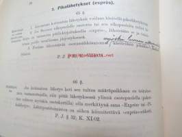 Postikirja 1911 - Suomen Suuriruhtinaanmaan postiasetusten, postiliikennettä koskevien ohjeitten ja sääntöjen yhteentoimitettu kokoelma, harvinainen teos -