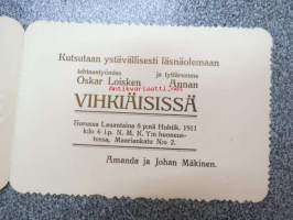 Kutsutaan ystävällisesti läsnäolemaan tehtaantyömies Oskar Loisken ja tyttäremme Annan vihkiäisissä Turussa 8.4.1911 klo 6 ip. NMKY:n huoneustossa