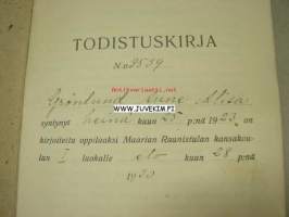 Aune Alisa Grönlund Todistuskirja Maarian (Raunistulan) kansakoulut