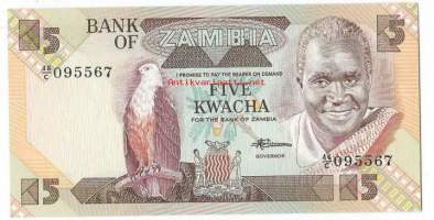 Sambia (Zambia) 5 Kwacha   1980-88  seteli  / Sambian tasavalta  on sisämaavaltio eteläisessä Afrikassa.