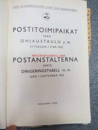 Postitoimipaikat sekä ohjaustaulu y.m. syyskuun 1. p:nä 1952 - Postanstalterna jämte dirigeringstabell m.m. den 1. september 1952