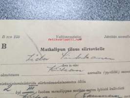 Matkalipun tilaus siirtoväelle, Iida Sinkkonen, Kiikka-Rauma 11.5.1948 -VR matkalippu